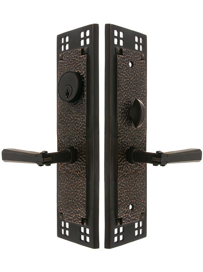 Craftsman F20 Function Mortise Lock Entryset in Oil Rubbed Bronze with Left Hand Arts and Crafts Levers, and Stop/Release Buttons.